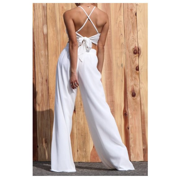 Boho White Crochet Lace Strappy Back Top Wide Leg Pants Set 2 Piece Outfit - Picture 3 of 6